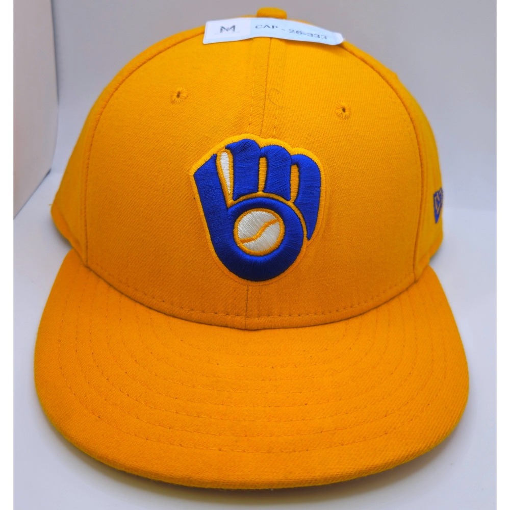 New Era 59FIFTY Milwaukee Brewers Fitted Hat Yellow Cooperstown Size 8 MLB Cap